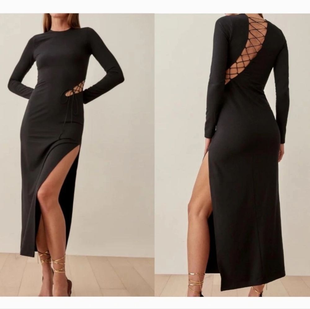 Reformation Kinsey Knit Long Sleeve Dress Size Large in Black Lace Up Cut Outs